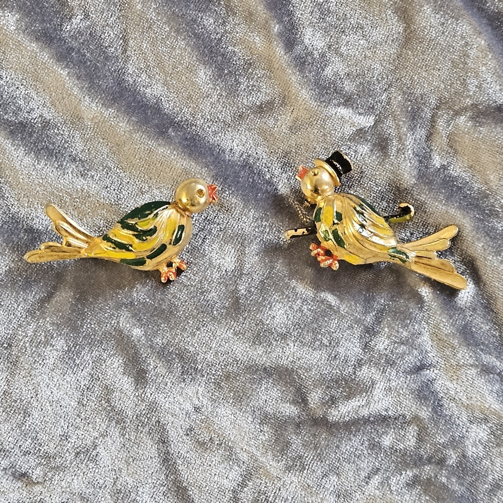 Gold and Green Bird Brooch Pins - Decorative Bird Accent Vintage